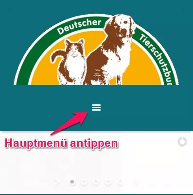 Mobiles Hauptmenü der offiziellen Website des Tierheims Ulm (Smartphone, Tablet vertikal) Mobiles Hauptmenü der offiziellen Website des Tierheims Ulm (Smartphone, Tablet vertikal)